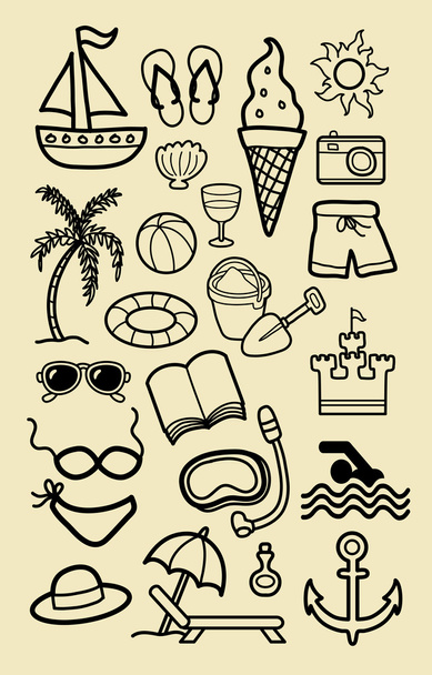 Summer Beach Doodle Icons - Wektor, obraz