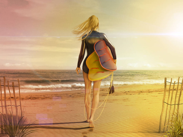 Aantrekkelijke jonge vrouw in korte natte pak met Surf Board wandelen - Foto, afbeelding