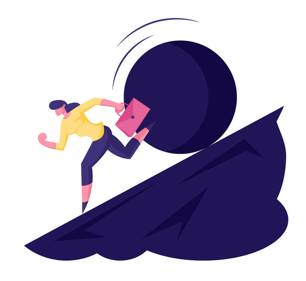 Businesswoman Running Away From Big Stone Rolling Down from Steep Mountain Trying to Fled Disaster or Financial Crisis in Business. Problems, Bankruptcy Concept. Cartoon Flat Vector Illustration - Vector, Image
