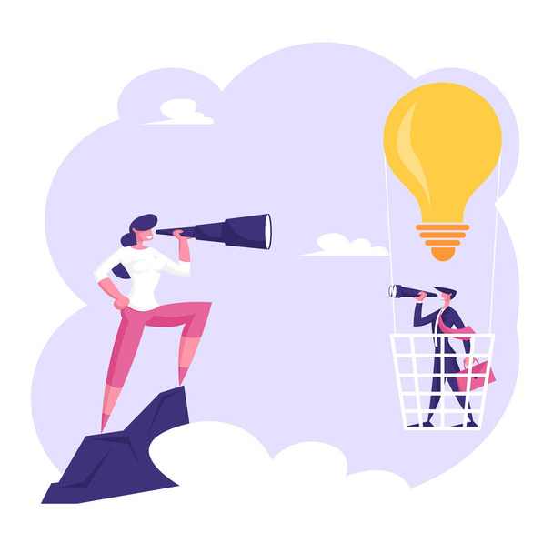 Business Man Flying in Sky on Hot Air Balloon in Shape of Light Bulb, Businesswoman Stand on Mountain Peak Looking Through Spyglass. Business Idea, Innovation Vision Cartoon Flat Vector Illustration - Vector, Image
