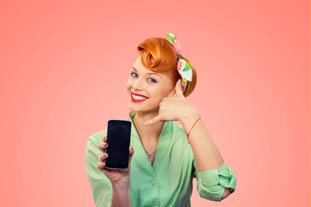 Call me. Pin up style girl with phone - Фото, изображение