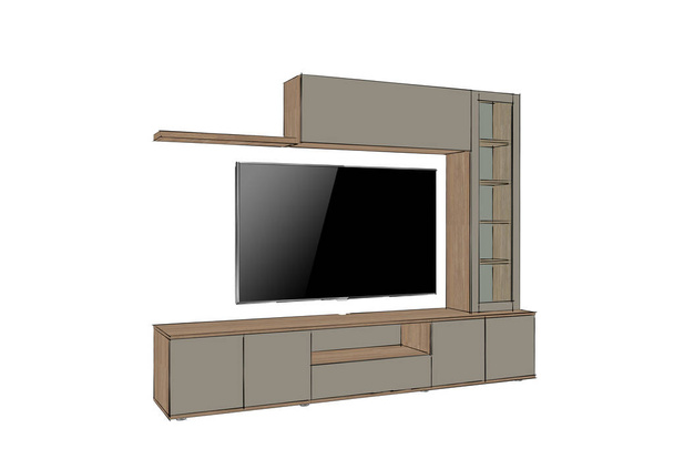 3D レンダリング。モダンなテレビスタンド家具のデザインは、白い背景に隔離されています。リビングルームの家具のスケッチ。ホームインテリアデザインソフトウェアプログラム。灰色、木材、家電製品、食器棚。ホームインテリアデザインソフトウェアプログラム。プロジェクト管理. - 写真・画像