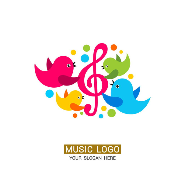 Musik-Logo. eine Vogelfamilie um einen Notenschlüssel mit farbigen Elementen. - Vektor, Bild