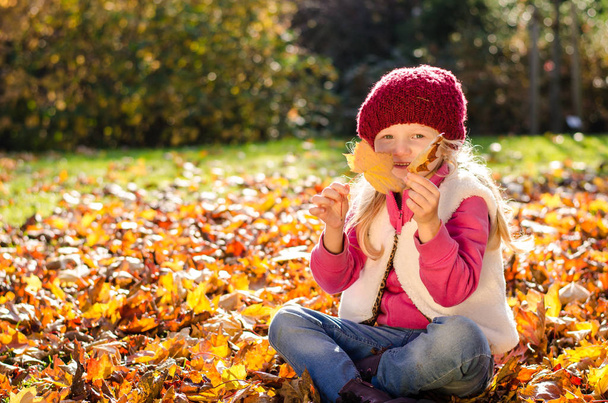 cute kid playing with fallen colorful leaves - Photo, Image