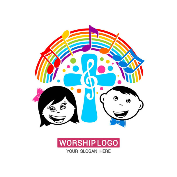 Worship logo. Children glorify God, sing glory and praise to Him. - Vector, Image