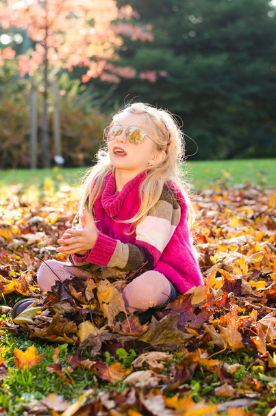 cute girl with sunglasses in golden hour time sitting in grass and leaves in magic park - Photo, Image