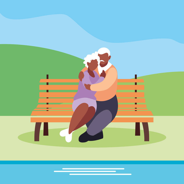 χαριτωμένο παλιό ζευγάρι που κάθονται στην καρέκλα του πάρκου - Διάνυσμα, εικόνα