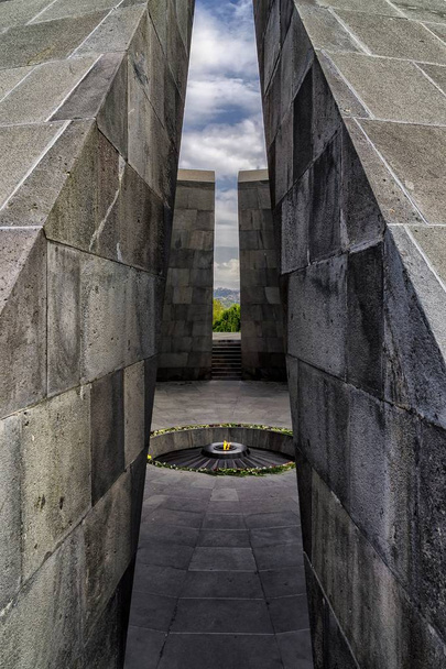 Armenian Genocide memorial monumental complex with fire burning in the middle - Fotó, kép