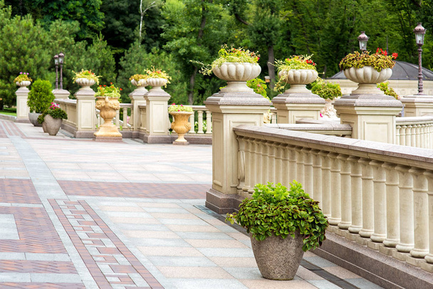 the back yard of a residential building with paving slabs and stone flowerpots on the walkway and on the railing pedestals with balustrades, stone flowerpots with flowers and green trees in the background. - Photo, Image