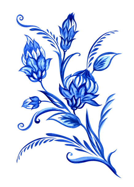 Bouquet de fabuleuses fleurs bleues de style hollandais, chinoises, orientales. motif floral pour peinture céramique et porcelaine, estampe pour autres motifs, aquarelle isolée sur fond blanc. - Photo, image