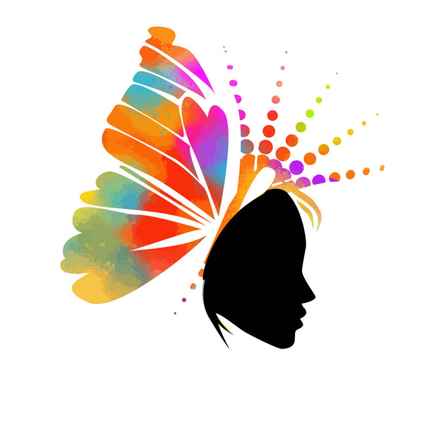 Mooie veelkleurige meisje profiel silhouet met vlinders vliegen van haar haar geïsoleerd op witte achtergrond-vector illustratie - Vector, afbeelding