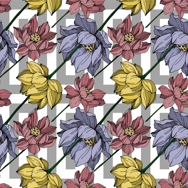 Vector Lotus flores botánicas florales. Arte de tinta grabada. Patrón de fondo sin costuras
. - Vector, imagen