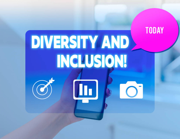 Conceptual hand writing showing Diversity And Inclusion. Business photo text range huanalysis difference includes race ethnicity gender woman smartphone speech bubble office supplies technology. - Photo, Image