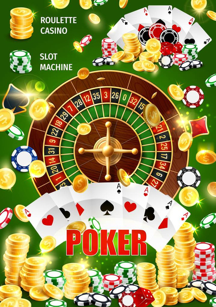 Casino poker, wheel of fortune roulette jackpot - Wektor, obraz