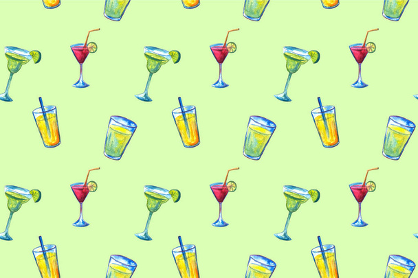 a glass of delicious coctail drink juice with beautiful background, seamless pattern. Summer, beach alcohol - Valokuva, kuva