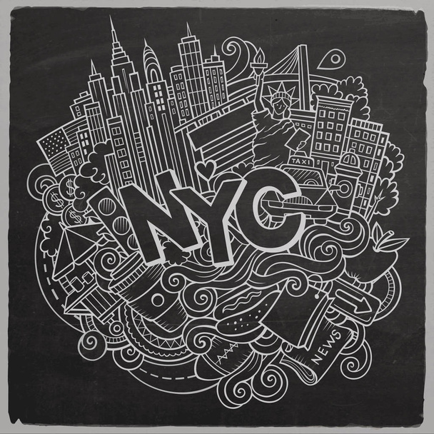 Карикатура с милой нарисованной вручную надписью NYC
 - Вектор,изображение