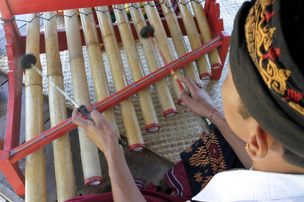 Gamelan Balinese Musicians playing wooden xylophone in Bali Indo - Photo, Image