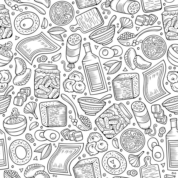 Cartoon hand-drawn Russian food seamless pattern - Vector, Image