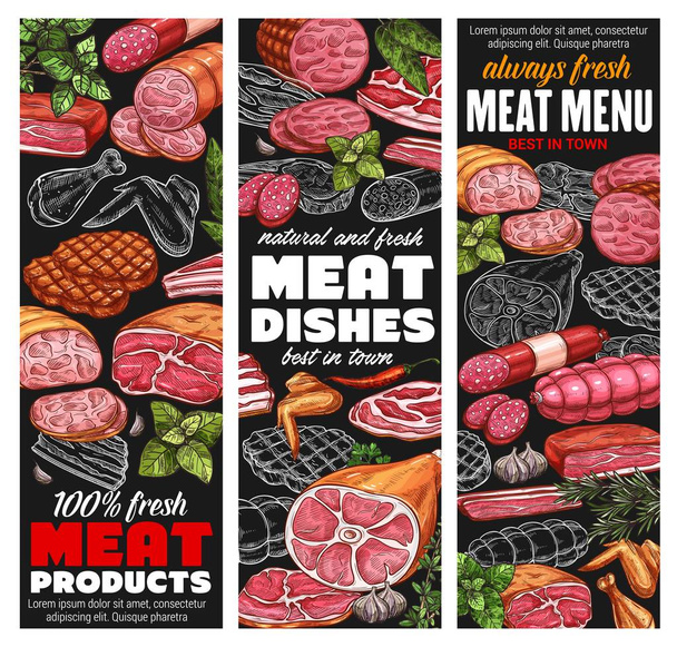 Hentes marhahús, sertéshús, baromfi és grill kolbász - Vektor, kép