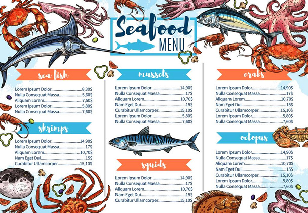 Seafood étterem menü, hal Gourmet élelmiszer vázlat - Vektor, kép