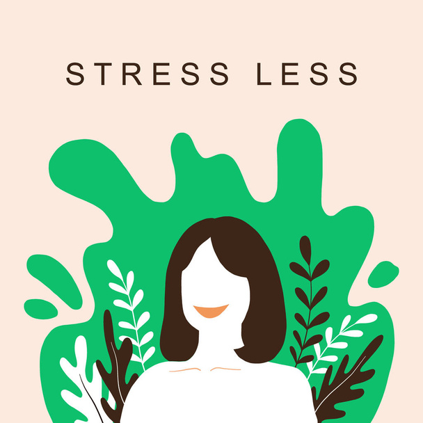 Stress minder, laat uw alarm los met verfrissende naar de natuur. Psychologie-gezond gelukkig leven, emotioneel evenwicht, cartoon platte vector illustratie met abstracte lachende vrouw - Vector, afbeelding