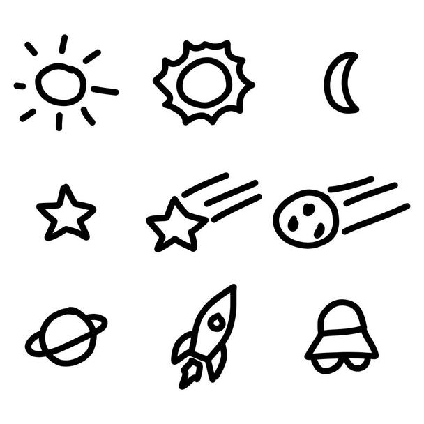 Conjunto de línea de dibujo a mano en el concepto espacial (Sol, luna, estrella, cohete, ovni
) - Vector, Imagen
