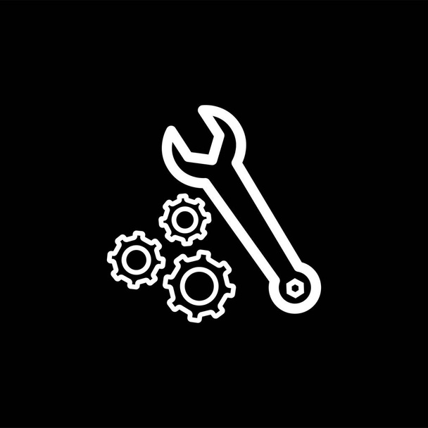 Gear And Wrench Line Icon On Black Background. Black Flat Style Vector Illustration. - Vector, Image