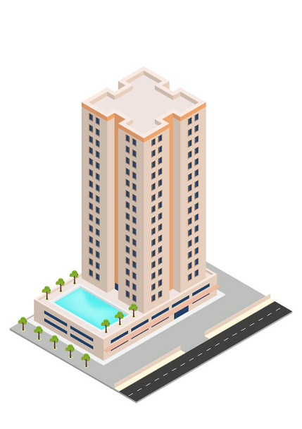 Vektor isometrisches Hotel- oder Wolkenkratzergebäude - Vektor, Bild