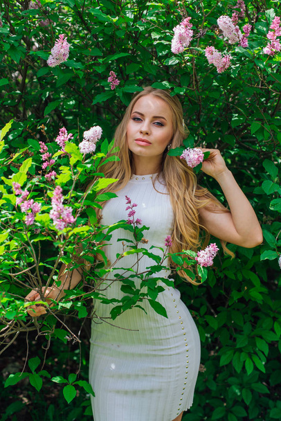 Portrait of a charming blond woman wearing beautiful white dress standing next to lilac bush. - Foto, Bild