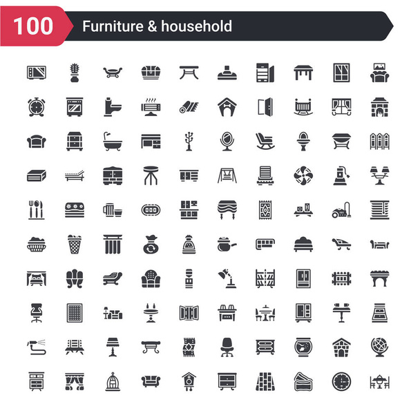 100 móveis e ícones domésticos, tais como mesa de jantar, almofadas, piso, suporte noturno, relógio cuco, sofá, gaiola de pássaro, cortinas, gavetas
 - Vetor, Imagem