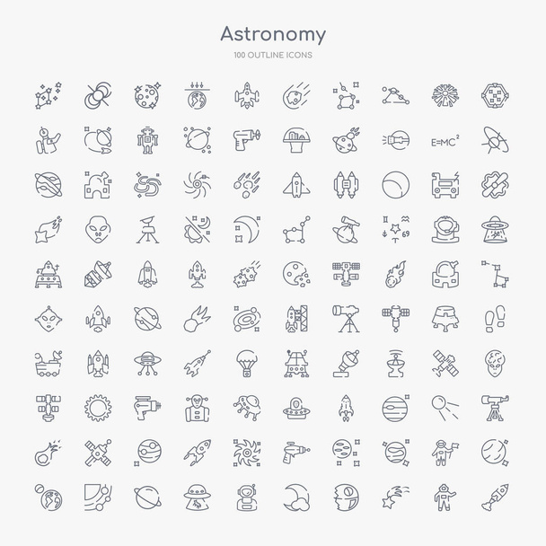 100 astronomiczny zarys ikon zestaw takich jak rakiety Start, Strzelanie gwiazda, Gwiazda śmierci, wielki księżyc, użytkownik astronauta, UFO i krowy, Saturn, widok galaktyki - Wektor, obraz