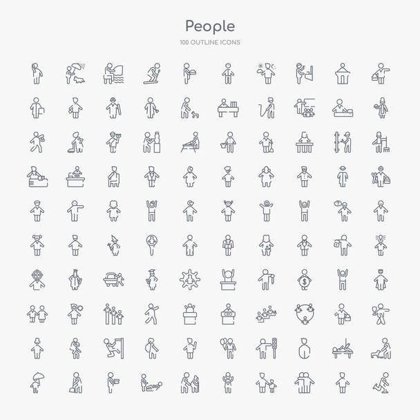 100 mensen overzicht icons set zoals ski stick man, knuffelen, hand van een volwassene, hart in handen, helpen ouderen, persoon geven hulp, mannen dragen een doos, vegen persoon - Vector, afbeelding