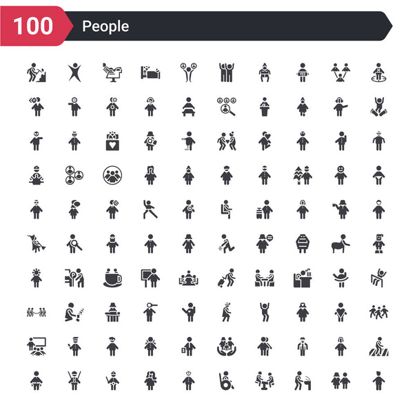 100 people icons set such as heads, public fountain, children on teeter totter, wheelchair side view, carnival masks, woman portrait, policeman figure, worker with harness, seat belt on - Vector, Image