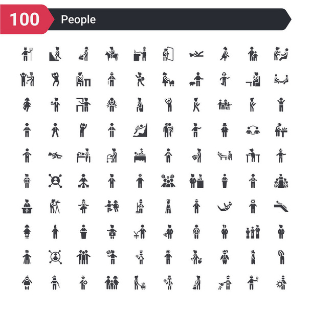 100 Personen Icons Set wie Schichtarbeit, Gärtner, Hausherr, Koch, Kurier, Familie Brettspiele, Konstrukteur, Ninja-Porträt, Sumo-Kämpfer - Vektor, Bild