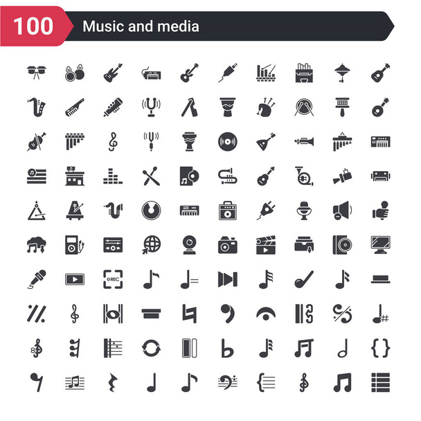 100 music and media icons set such as dotted barline, treble clef, brace, bass clef, sixteenth note, quarter note, quarter note rest, quaver, eight rest - Vector, Image