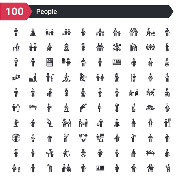 100 Personen Icons Set wie Spindel, Luftfahrt, bärtige Frau, Ausweis mit Bild, männlicher Benutzer, Holunder, Husten, Hüfte, Rachen - Vektor, Bild