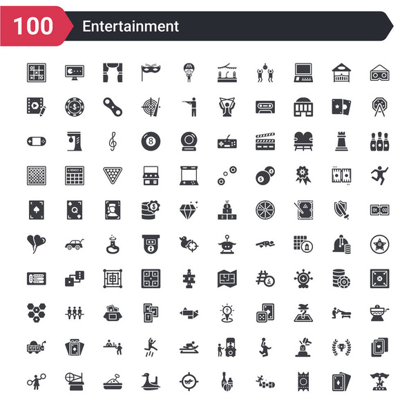 Ensemble de 100 icônes de divertissement telles que cheval de carrousel, billet d'or, marelle, boule de bouteilles, canard filant, cygne, bac à sable, roue tournante, pompon
 - Vecteur, image