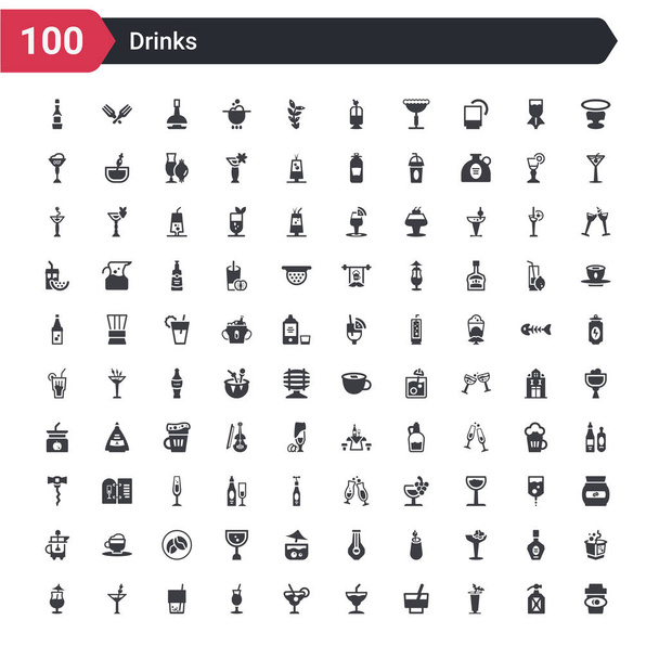 100 drinks icons set such as paper cup, bloody mary, wine, margarita, martini, tequila sunrise, mojito, manhattan, mai tai - Vector, Image