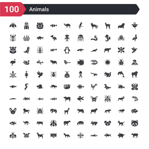 牛、マグロ、サーモン、蚊、キツネ、トラ、ヤギ、モルモットヒタ、ミツバチなどの100匹の動物のアイコンセット - ベクター画像
