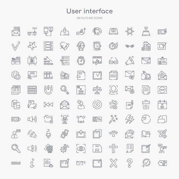 100 user interface outline icons set such as delete button, round help button, round delete button, tick box, email envelope edit list round information - Vector, Image
