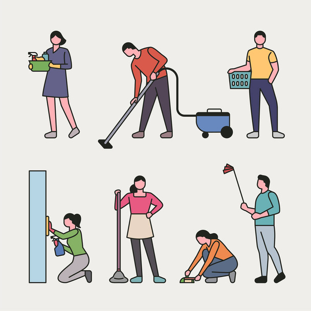 Conjunto de personas haciendo limpieza de la casa. diseño plano estilo mínima ilustración vectorial
. - Vector, Imagen