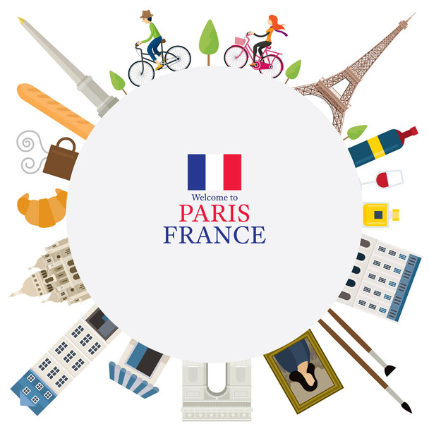Paris, France Landmarks and Travel Round Frame - Vector, Image