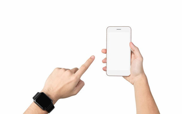 Caminho de recorte, Mão segurando a tela em branco do smartphone no isolado. Pegue sua tela para colocar em publicidade
. - Foto, Imagem