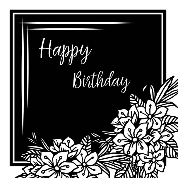 Flor y hojas blancas negras, marco vintage de diseño, decoración de la tarjeta feliz cumpleaños. Vector
 - Vector, imagen