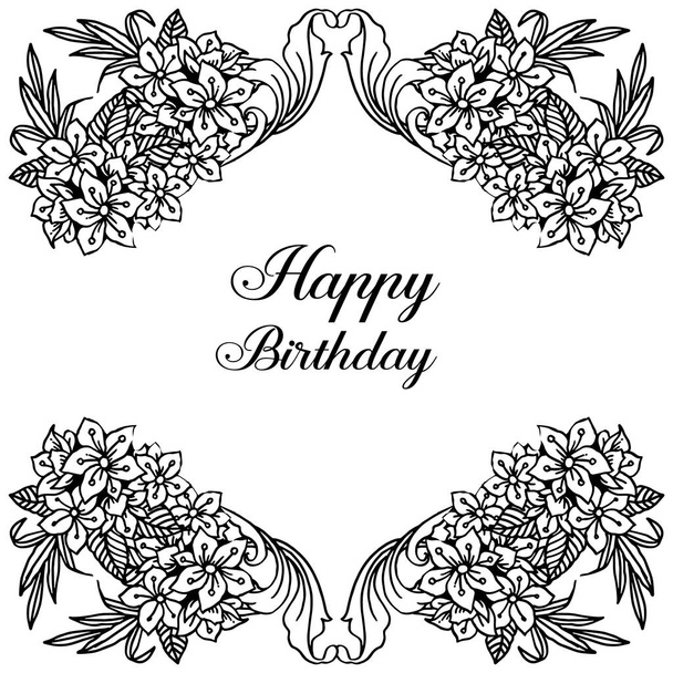 Dibujo hermosas hojas y flores, marco de estilo único, adornado de tarjeta de felicitación feliz cumpleaños. Vector
 - Vector, imagen