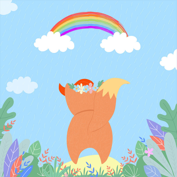 Lindo zorro viendo en arco iris bajo lluvia de verano
 - Vector, imagen