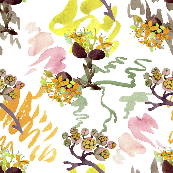Cornus mas floral botanical flowers. Watercolor background illustration set. Seamless background pattern. - Zdjęcie, obraz