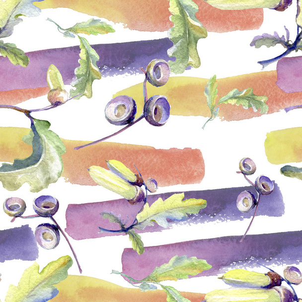 森のドングリの緑の葉とナッツ。●水彩背景イラストセット。シームレスな背景パターン. - 写真・画像