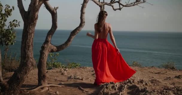 Vissza kilátás gyönyörű nő piros ruhában sétált a tenger partján szikla alatt napsütéses nyári napon-videó lassítva - Felvétel, videó