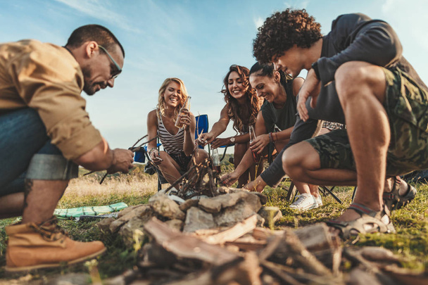 Group of young friends spending good time on picnic in wild landscape  - Fotoğraf, Görsel